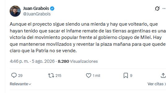 Grabois festejó que el Gobierno haya quitado el capítulo más polémico de la Ley de Tierras.