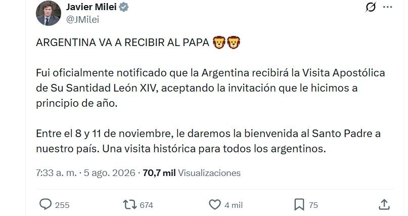 Javier Milei anunció que el Papa León visitará Argentina