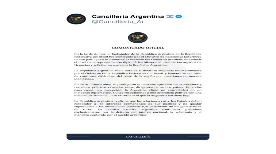 Posteo de Cancillería sobre Mile-Lula