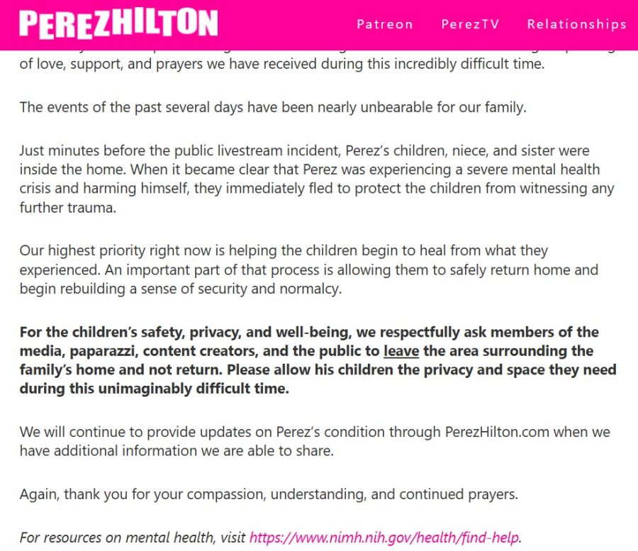 Comunicado de la familia y equipo de Perez Hilton