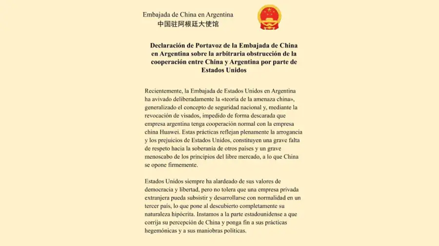 Comunicado Embajada de China en Argentina