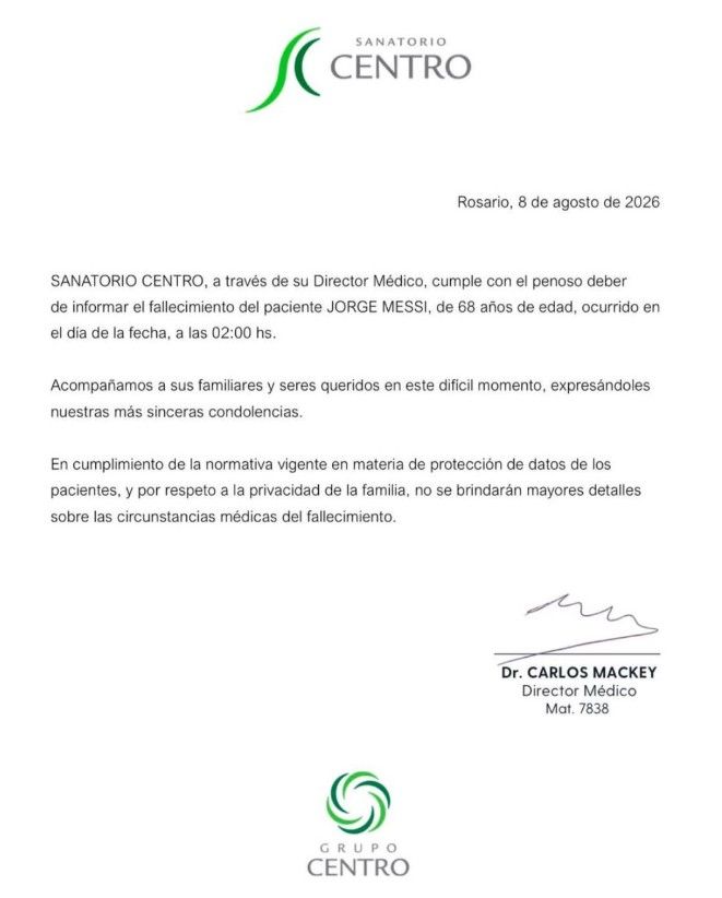 Así comunicó el Sanatorio Centro de Rosario la muerte de Jorge Messi