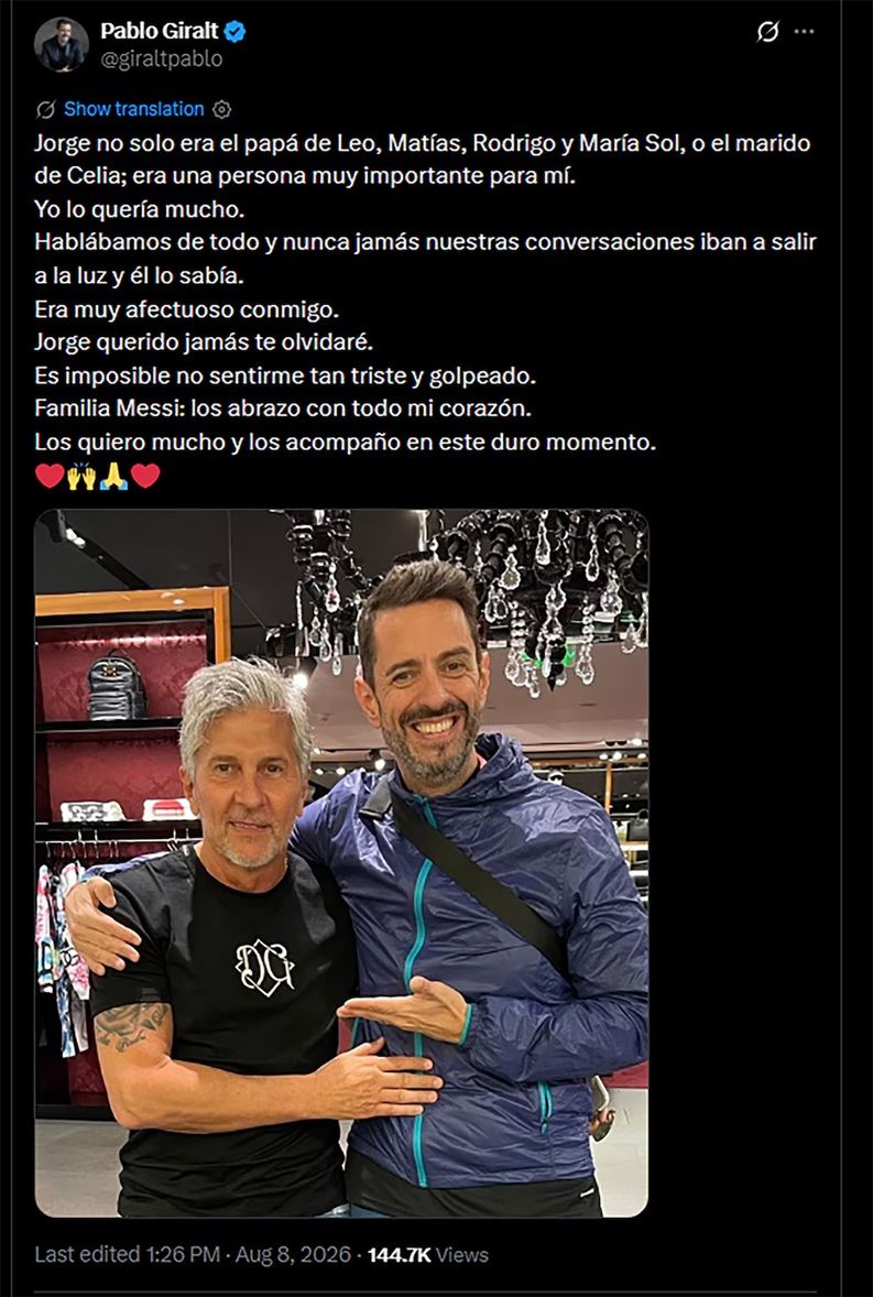 El mensaje de Pablo Giralt tras la muerte de Jorge Messi