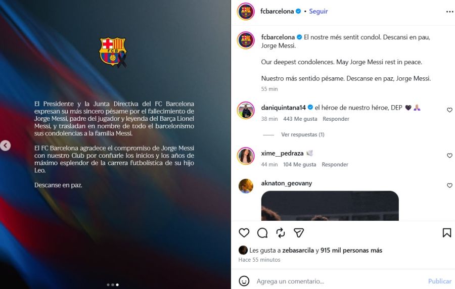 El mensaje del Barcelona por la muerte de Jorge Messi, padre de Lionel Messi