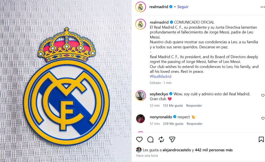 Mensaje del Real Madrid por la muerte de Jorge Messi, padre de Lionel Messi