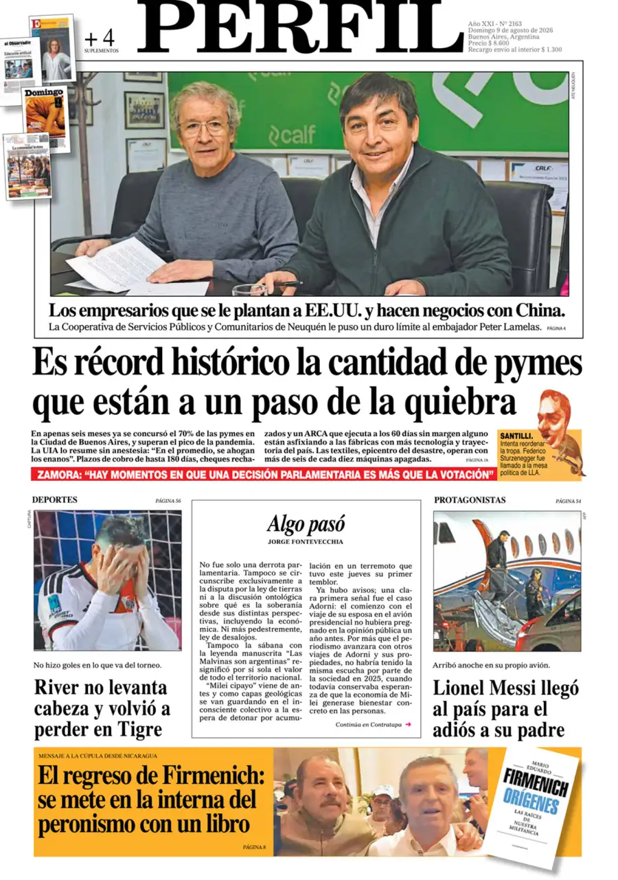 La tapa del Diario PERFIL del domingo 9 de agosto de 2026