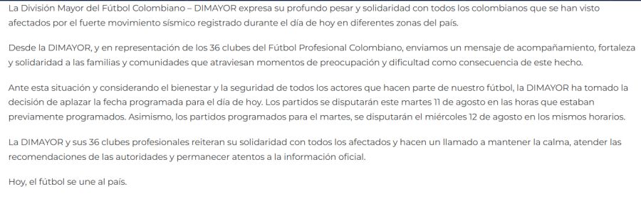 Comunicado de la DIMAYOR