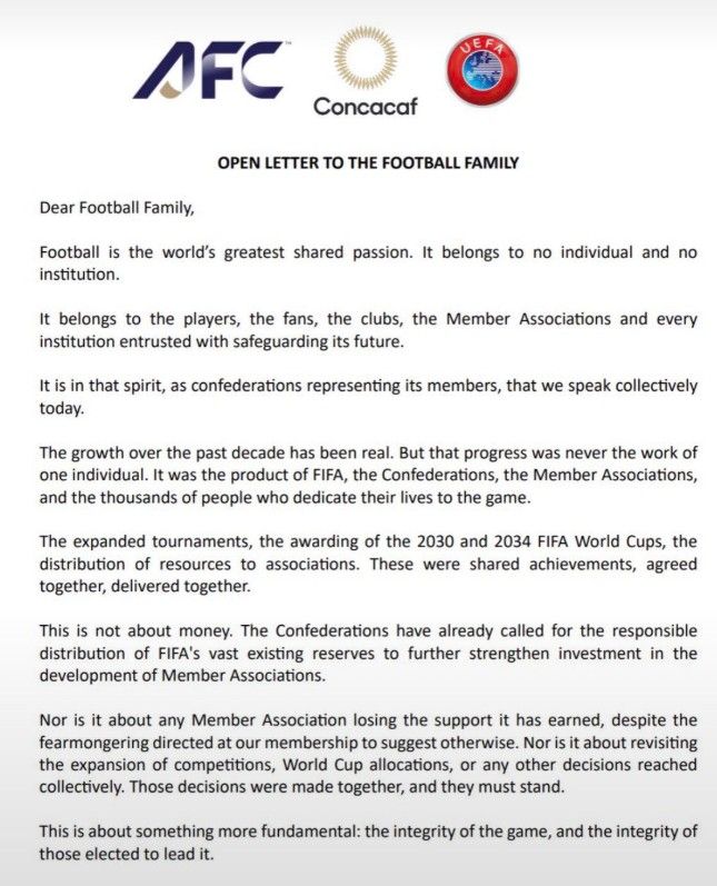 La UEFA, la Concacaf y la AFC se unieron en una dura carta contra Gianni Infantino