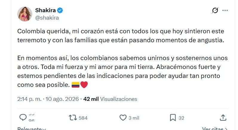 Mensaje de Shakira por el terremoto en Colombia