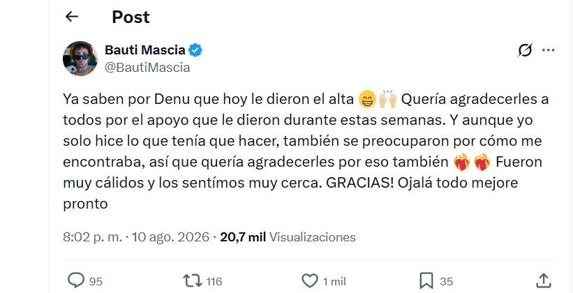 Bautista Mascia habló tras la internación de Denisse González