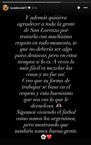 Lucas Blondel le agradeció a los hinchas de San Lorenzo por el trato a Morena Beltrán en el clásico