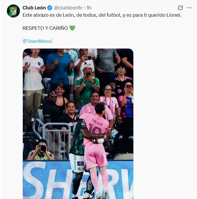 El posteo del Club León tras el abrazo de Jhohan Romaña a Lionel Messi