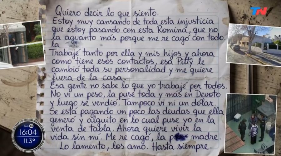 Carta que el femicida Walter Verón le dejó a sus hijos tras asesinar a Romina Calvo y donde menciona a Pitty la numeróloga