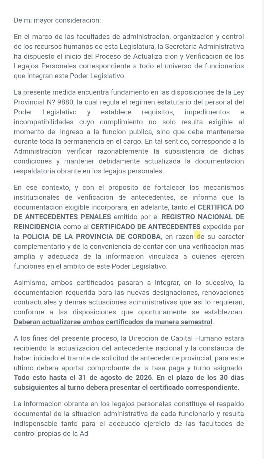 Comunicado interno en la Legislatura por contratados