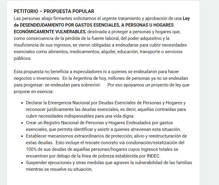 El petitorio que busca firmas para reclamar ayuda a familias endeudadas.