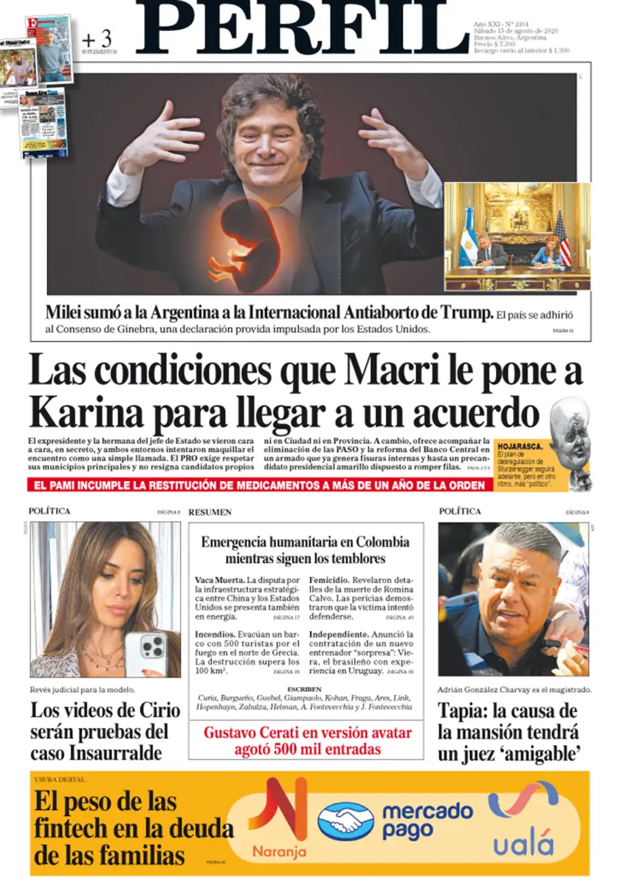 La tapa del Diario PERFIL del sábado 15 de agosto de 2026