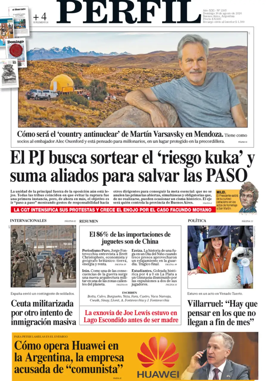 La tapa del Diario PERFIL del domingo 16 de agosto de 2026.