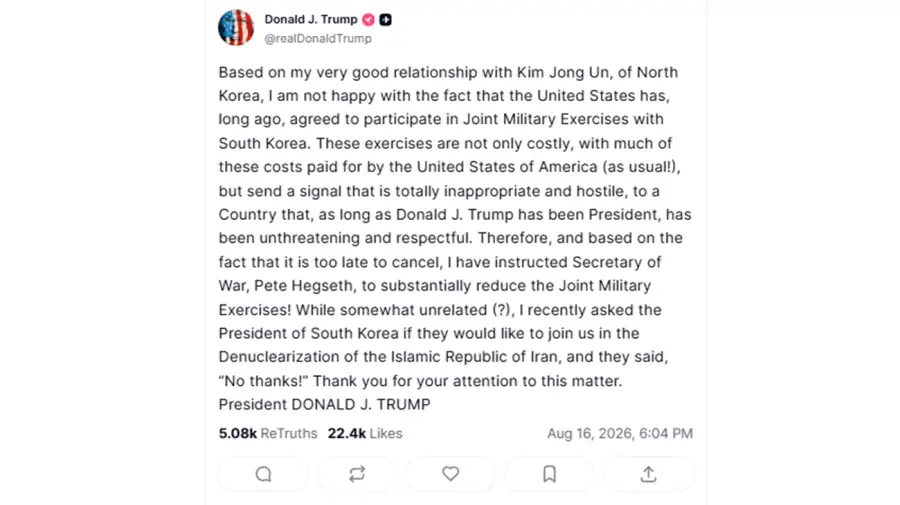 El mensaje de Trump sobre los ejercicios militares con Corea del Sur.
