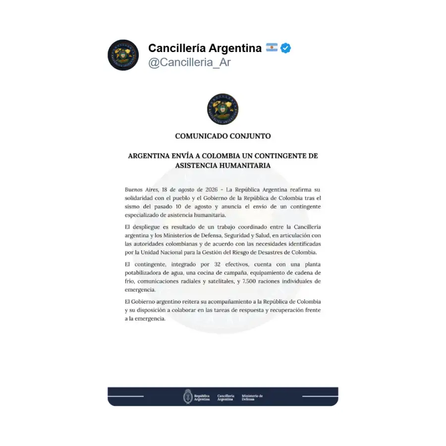 Mensaje de Cancillería Argentina sobre ayuda a Colombia 1