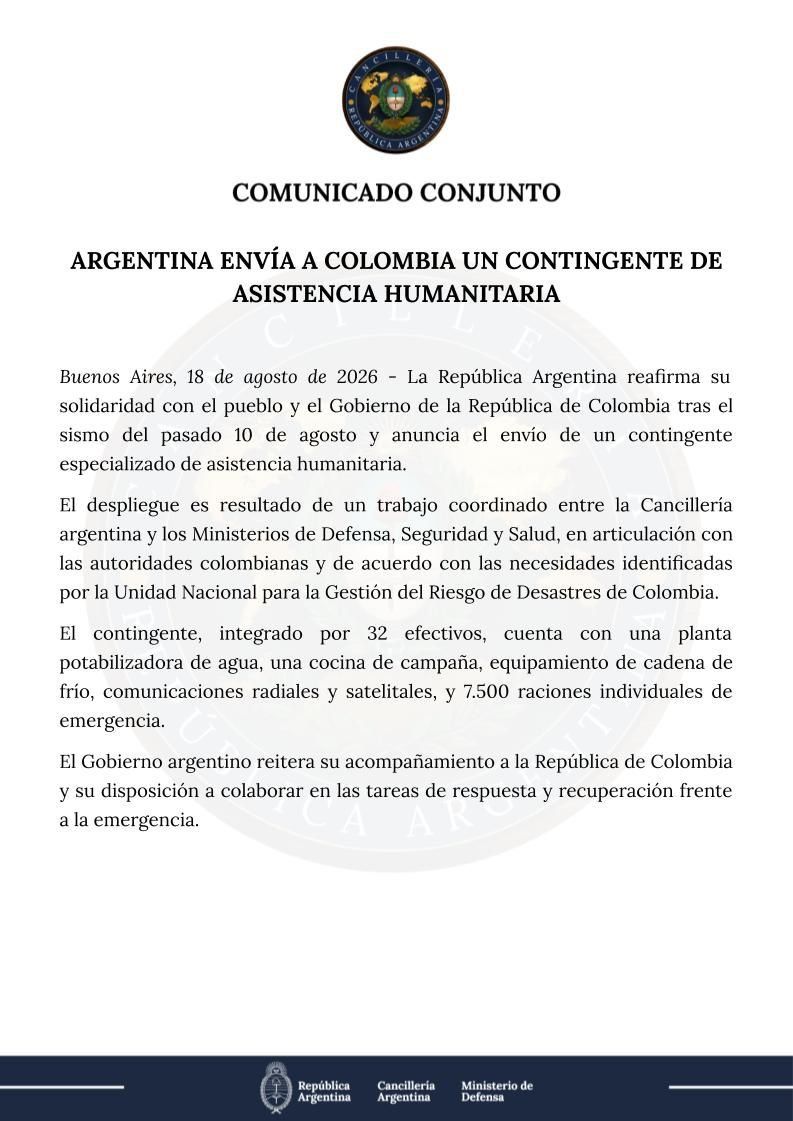 Mensaje de Cancillería Argentina sobre ayuda a Colombia 2