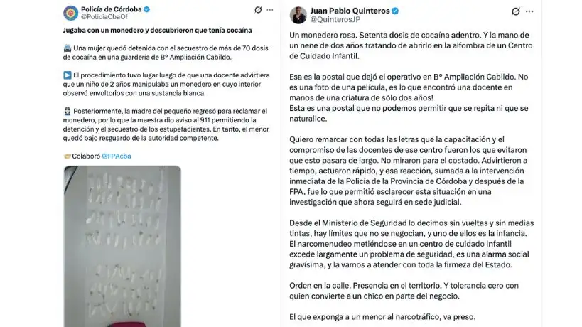 Quinteros vía X sobre el caso del niño que llevó 71 dosis de cocaína a un centro infantil de Córdoba
