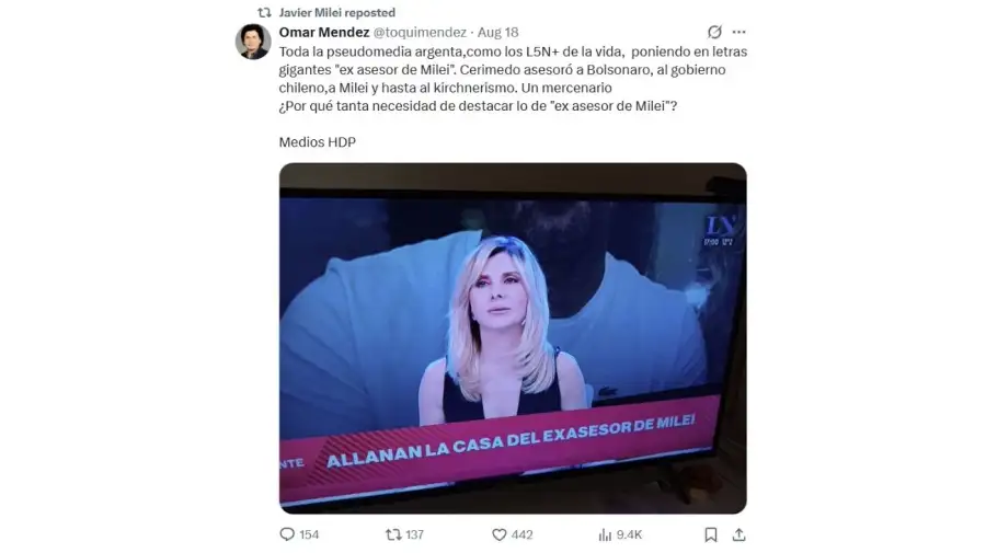 Milei retuiteó mensajes que cuestionan a Nadia Beller