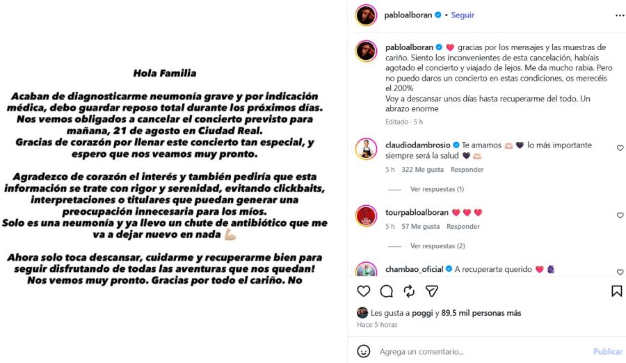 Mensaje de Pablo Alborán sobre su salud
