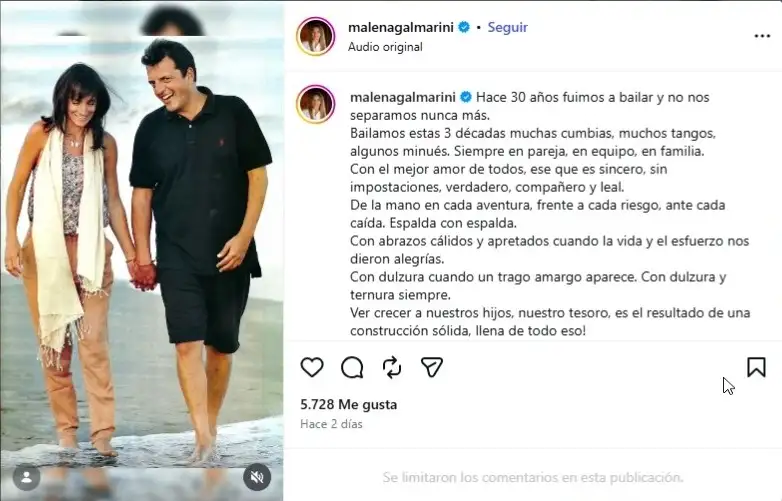 Posteo de Malena Galmarini por su aniversario de bodas