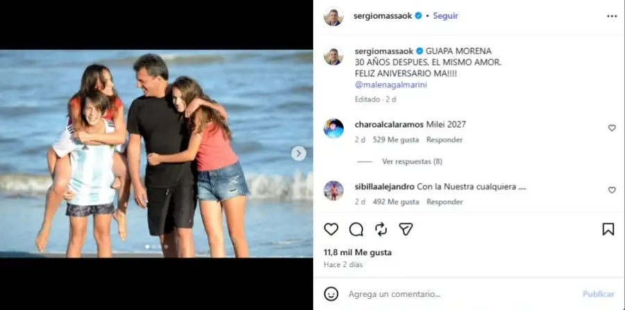 Posteo de Sergio Massa por sus treinta años de casado