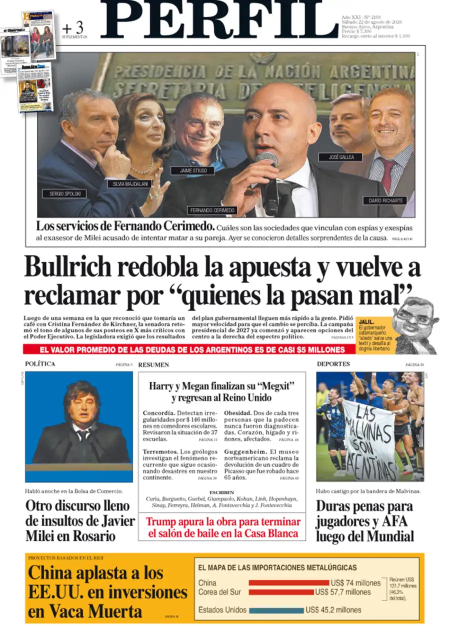La tapa del Diario PERFIL del sábado 22 de agosto de 2026