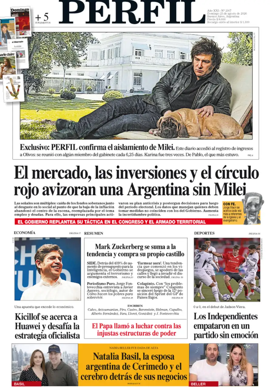 La tapa del Diario PERFIL del domingo 23 de agosto de 2026