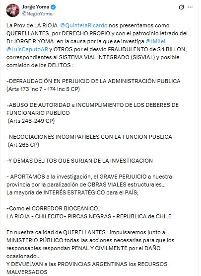 Posteo en X de Jorge Yoma por SisVial