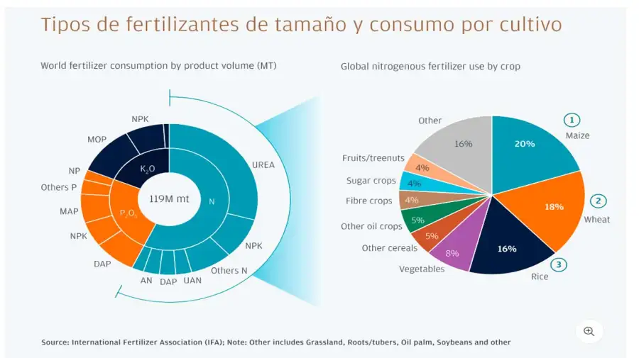 Tipos de fertilizantes de tamaño y consumo por cultivo