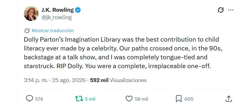 Mensaje de J.K.Rowling por la muerte de Dolly Parton