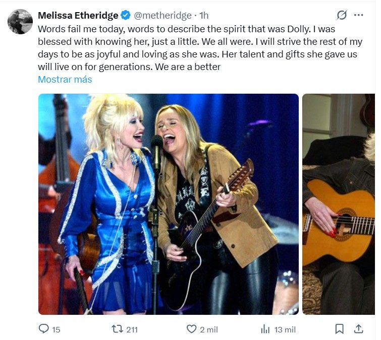 Mensaje de Melissa Etheridge por la muerte de Dolly Parton