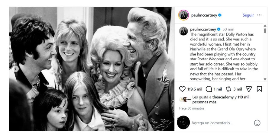 Mensaje de Paul McCartney por la muerte de Dolly Parton