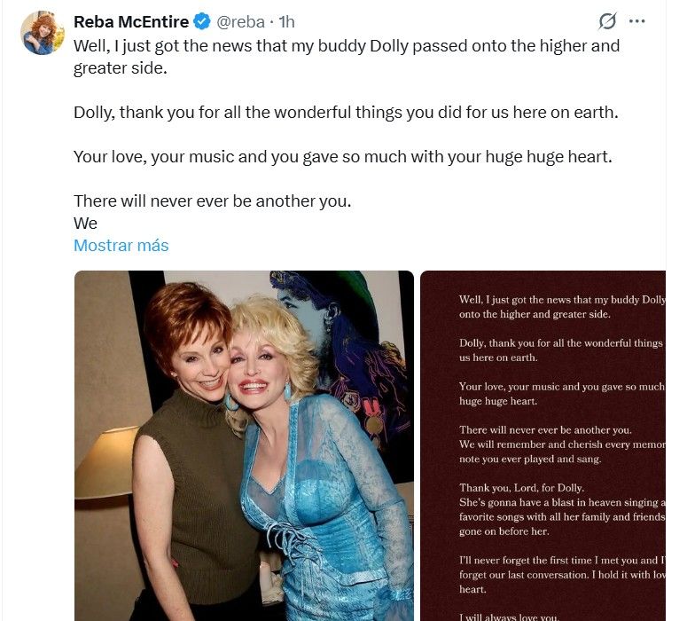 Mensaje de Reba McEntire por la muerte de Dolly Parton