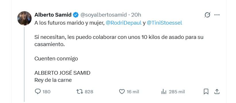 Divertido mensaje de Alberto Samid para Rodrigo De Paul y Tini Stoessel