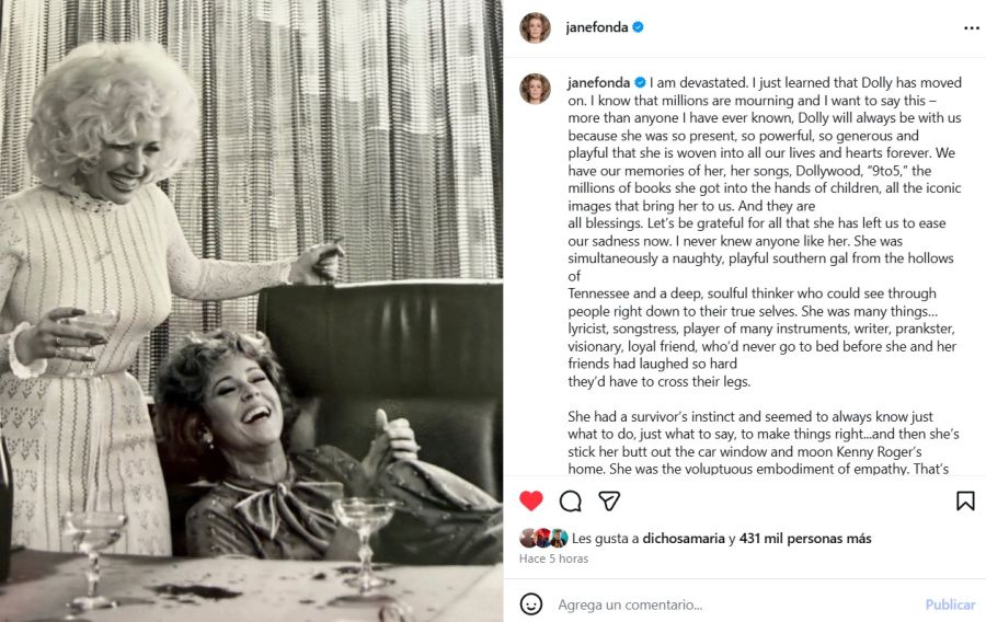 El mensaje de Jane Fonda tras la muerte de Dolly Parton