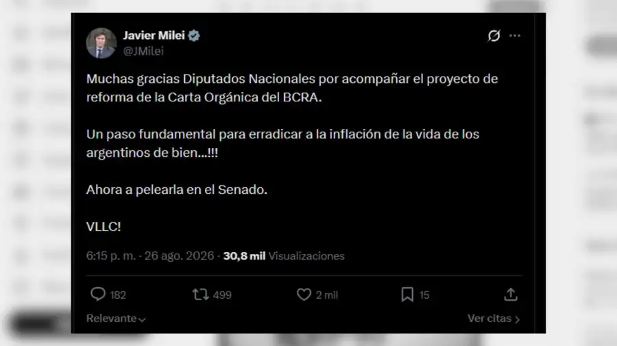 Milei festeja reforma BCRA Diputados