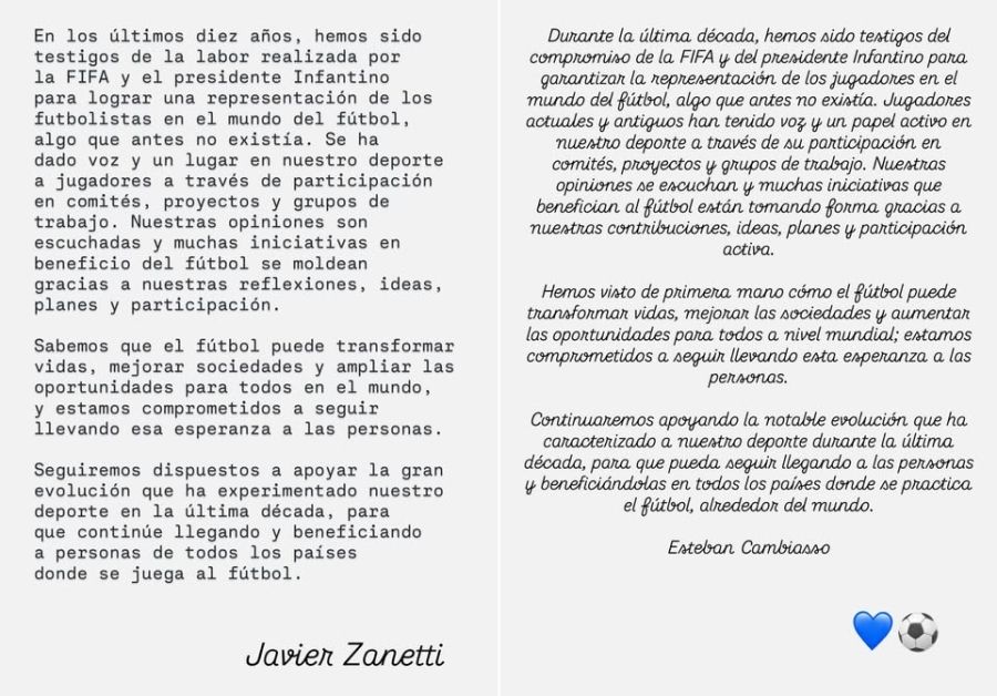 Posteos de Javier Zanetti y Esteban Cambiasso