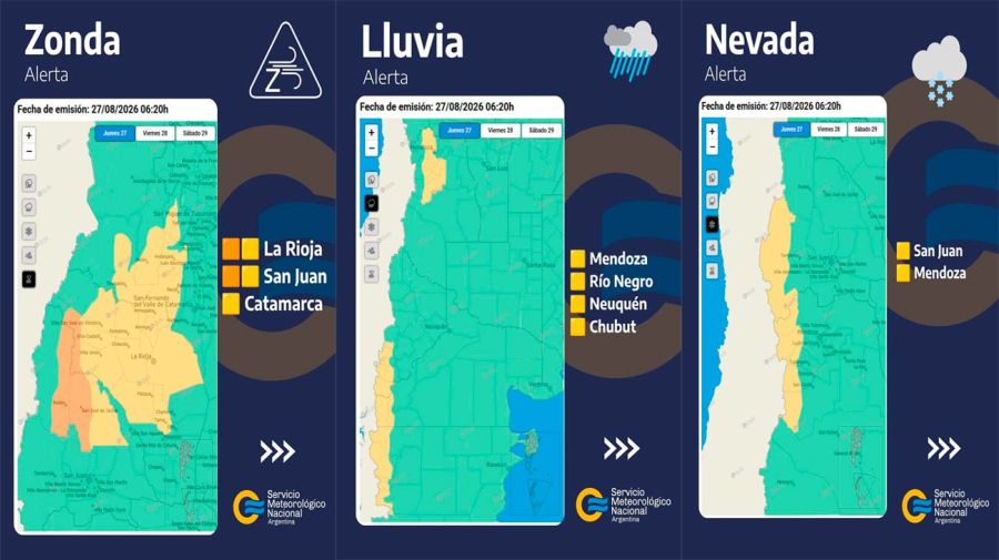 Alerta naranja y amarilla por lluvias y Zonda 