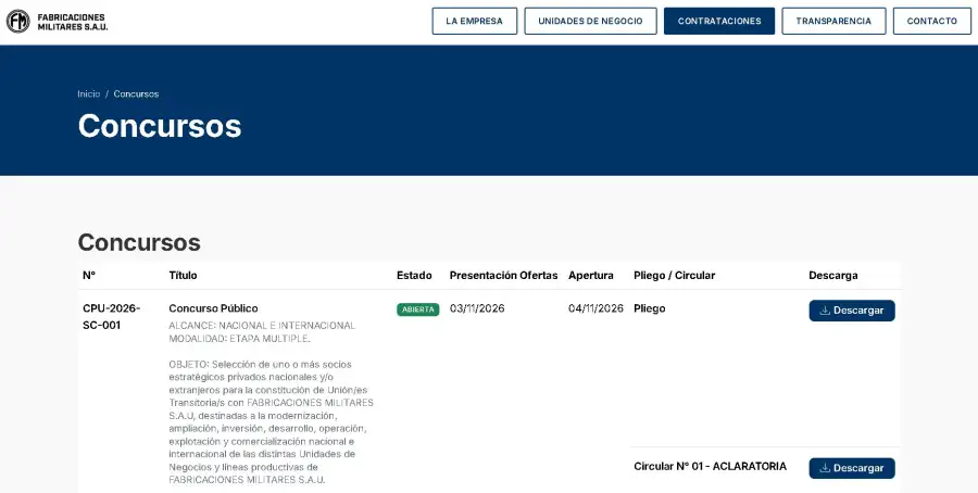 El pliego CPU-2026-SC-001 tiene como objeto la 'selección de uno o más socios estratégicos privados nacionales y/o extranjeros para la consitución de Unión/es Transitoria/s con Fabricaciones Militares'