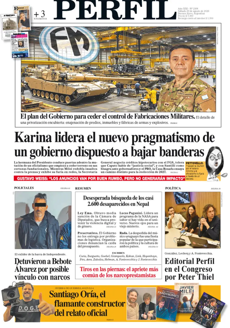 La tapa del Diario PERFIL del sábado 29 de agosto de 2026