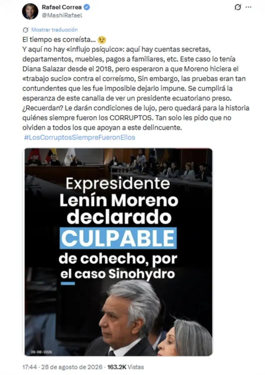 Rafael Correa cuestionó a su exvicepresidente Lenín Moreno