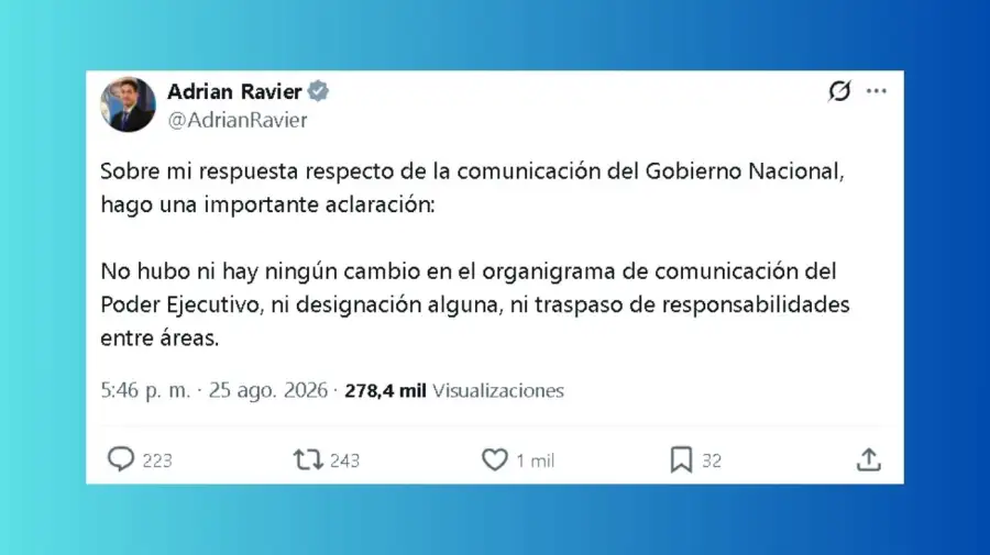 Tras confirmar en conferencia de prensa que Santiago Oría asumía las tareas de Comunicación del Ejecutivo Nacional, el vocero presidencial, Adrián Ravier, debió publicar una desmentida en su cuenta personal de la red social X.