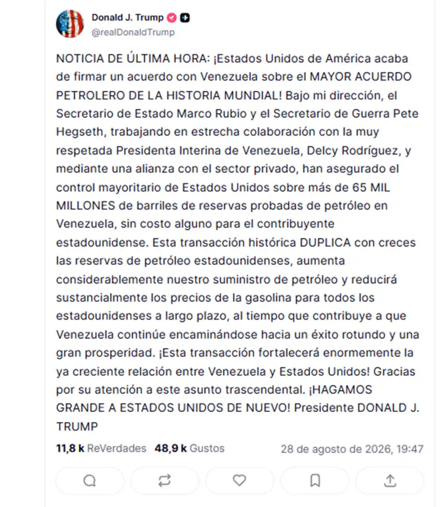 El mensaje de Trump anunciando el acuerdo petrolero con Venezuela.