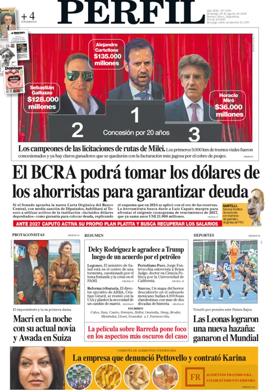 La tapa del Diario PERFIL del domingo 30 de agosto de 2026