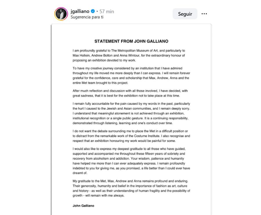 Comunicado de John Galliano