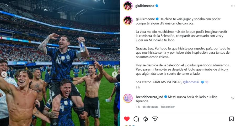 El mensaje Giuliano Simeone tras el retiro de Lionel Messi de la Selección Argentina